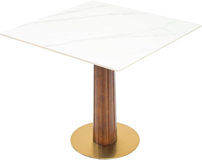 Sintered Stone Square Office Table - Meeting Desk for Small Offices (Dark Brown Leg and White Top, 1 Table Only)