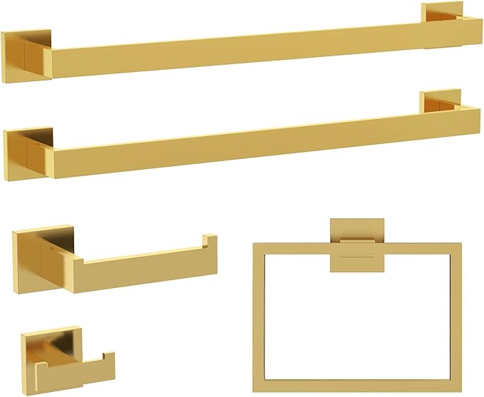 5-Piece Bathroom Hardware Set, Brushed Gold Bathroom Accessories 304 Stainless Steel, Including 23.8 inch Bath Towel Bar*2, Double Towel Hook, Toilet Paper Holder, and Towel Ring