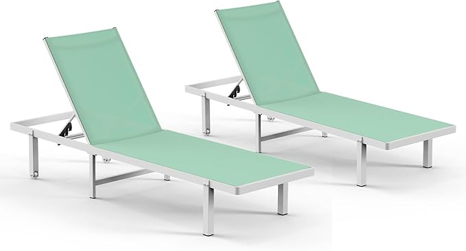 Pool Lounge Chairs Set of 2,Outdoor Lounge Chairs with Wheels and 5-Position Recliner -Easy to Move- Aluminum Patio Lounge Chair for Poolside, Deck (LightGreen)
