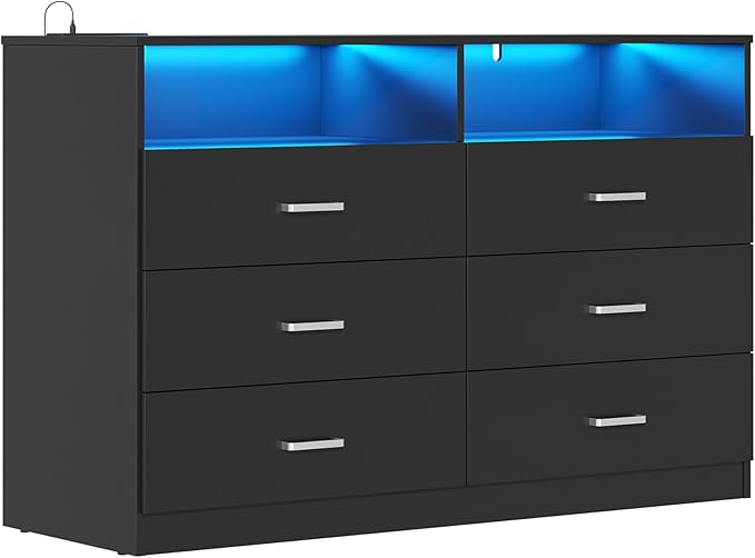 Bigbiglife Dresser for Bedroom, 6 Drawer Dresser with Charging Station and Led Light, Modern Chest of Drawers for Bedroom, Living Room,Black