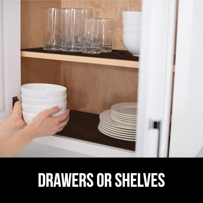GORILLA GRIP DripGuard Shelf Liner, Non Adhesive Drawer and Kitchen Cabinet Protector, Slip Resistant BPA Free Smooth Surface Plastic Liners for Cabinets, Bathrooms, Closets, 17.5x120 Inch, Wood