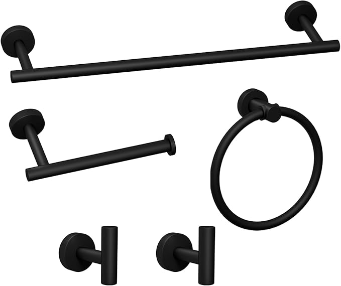 Bathroom Hardware Towel Bar Set - Matte Black Bathroom Accessories Set - Including 16" Hand Towel Bars - Toilet Paper Holders - Towel Rings - Robe Towel Hooks