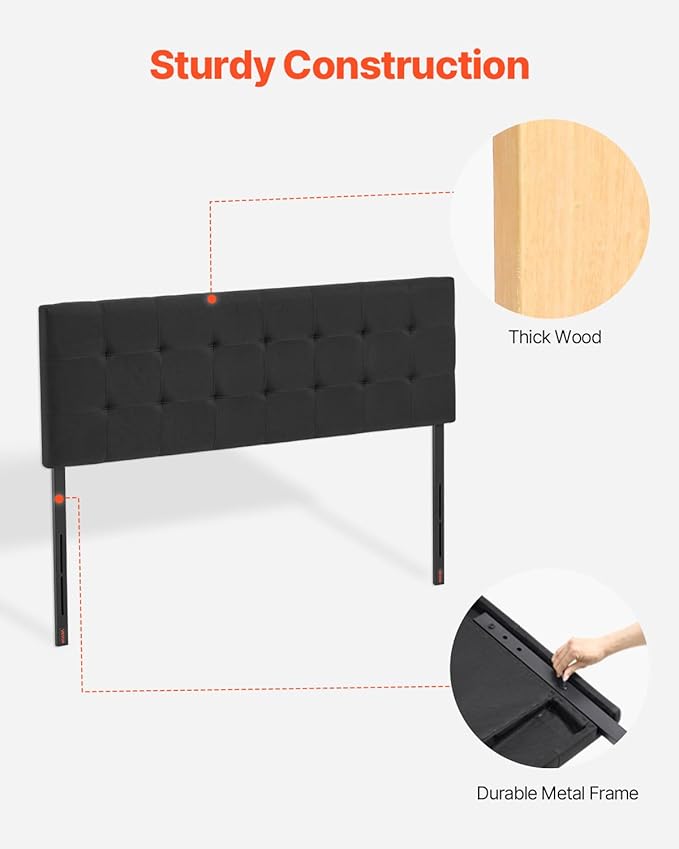 VEVOR Headboard, Queen Size Headboard with Adjustable Height, Comfortable Diamond Tufted for Queen Size Bed, W62.2 x H(42.72-54.53) x D2.76 in, Ideal for Bedroom, Hotel, Homestay, Dormitory, Black