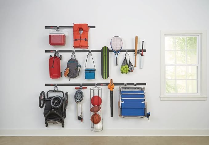 Rubbermaid 20-Piece FastTrack Garage Wall-Mounted Storage Kit 5 Rails and 15 Hooks for Home/House/Tool/Sports/Utility Purposes