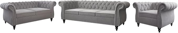 Chesterfield Loveseat Sofa, Modern Velvet Small Sofa Couch 2 Seater with Rolled Arms and Nailhead, Mid Century Modern Loveseat Couch for Small Spaces Living Room Bedroom Apartment, Grey