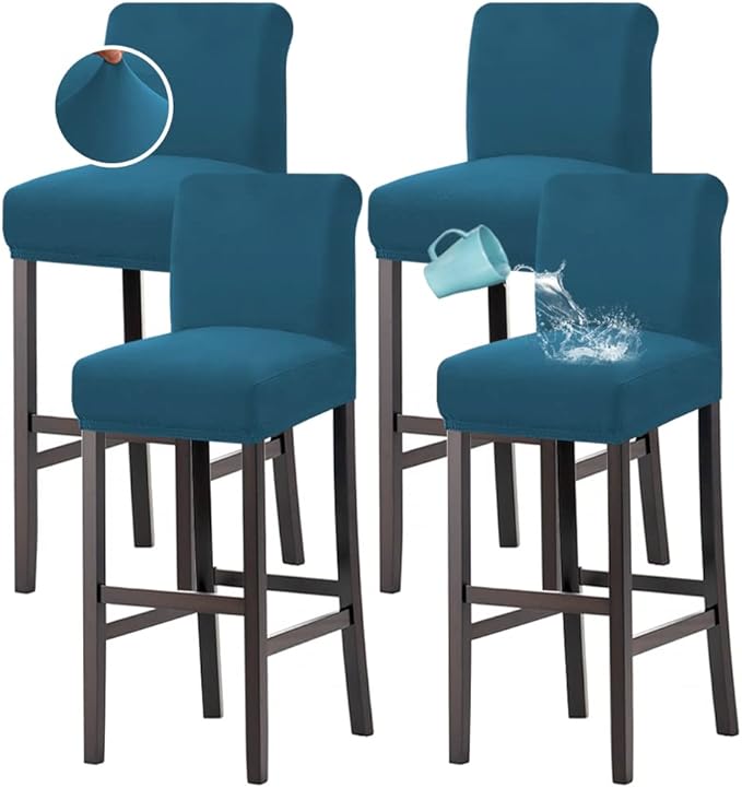 H.VERSAILTEX 100% Waterproof Bar Stool Cover Stretch Counter Stool Pub Chair Slipcover for Dining Room Removable Soft Thick Solid Fleece Fabric Bar Stool Slipcovers Set of 4, Peacock Blue