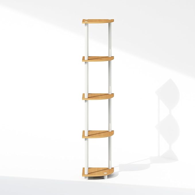Furinno Turn-N-Tube Corner Shelf, 5-Tier Corner Display Rack, Shelving Unit, for Organization and Storage, Living Room, Home Office, Garage, Bedroom, Beech