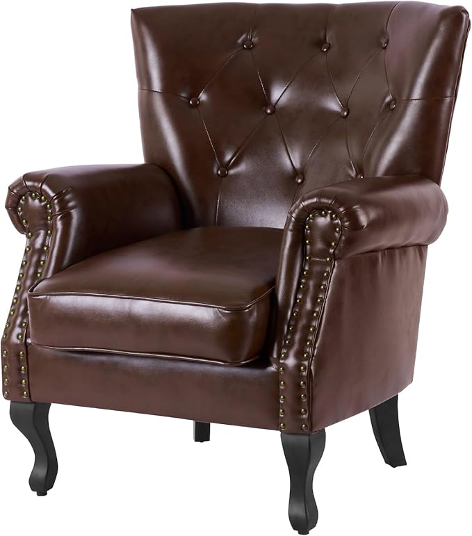 Modern Faux Leather Accent Chair, Upholstered Mid-Century Armchair with Solid Wood Legs, Single Sofa Chair for Living Room, Bedroom, or Reading Room(Reddish Brown)