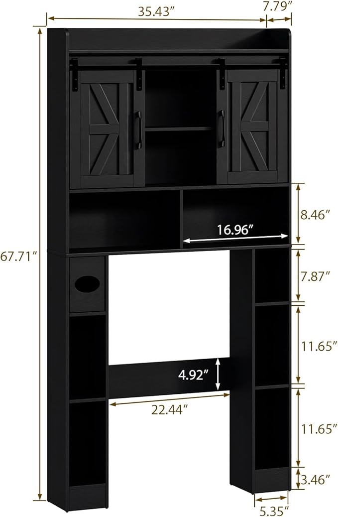 Farmhouse Storage Cabinet Over Toilet with Sliding Doors,Over The Toilet Storage Cabinet, Home Space-Saving Toilet Rack, for Bathroom, Restroom, Laundry.Pure Black