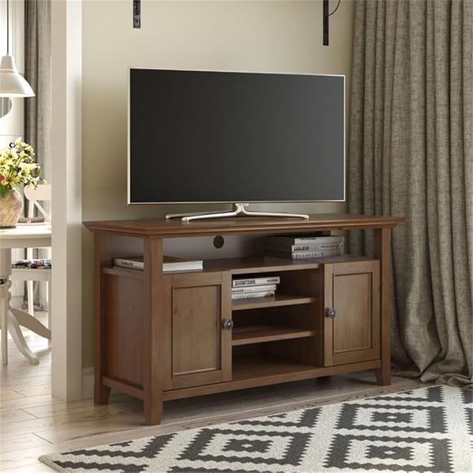 SIMPLIHOME Amherst 54-inch Wide Solid Wood TV Stand in Medium Saddle Brown, Transitional-Style Media Console for Living Room with Adjustable Shelves and Cable Management