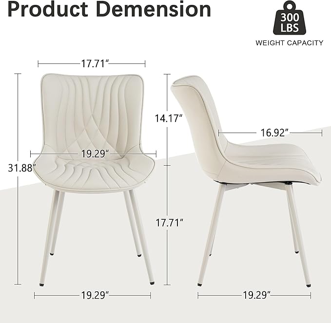 YOUTASTE Cream Dining Chairs Set of 2, Mid Century Modern Comfy Kitchen Chair, Upholstered Faux Leather, Cream Metal Legs, Armless Accent Chairs for Bedroom Vanity Lounge