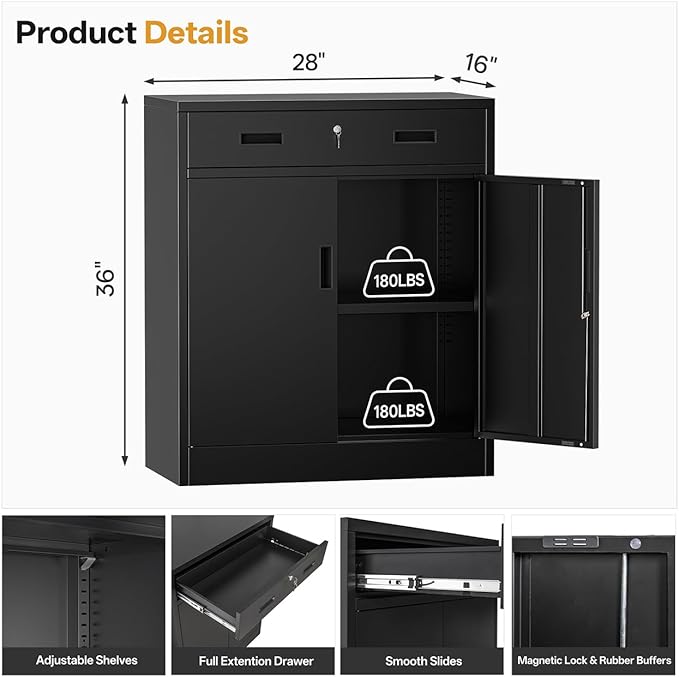 Steel Storage Cabinets,Metal Storage Cabinet with 1 Locking Drawers, Locking Storage Cabinets for Office, Home, Garage, Warehouse 37" H x 31.5" W x 15.7" D (Black)