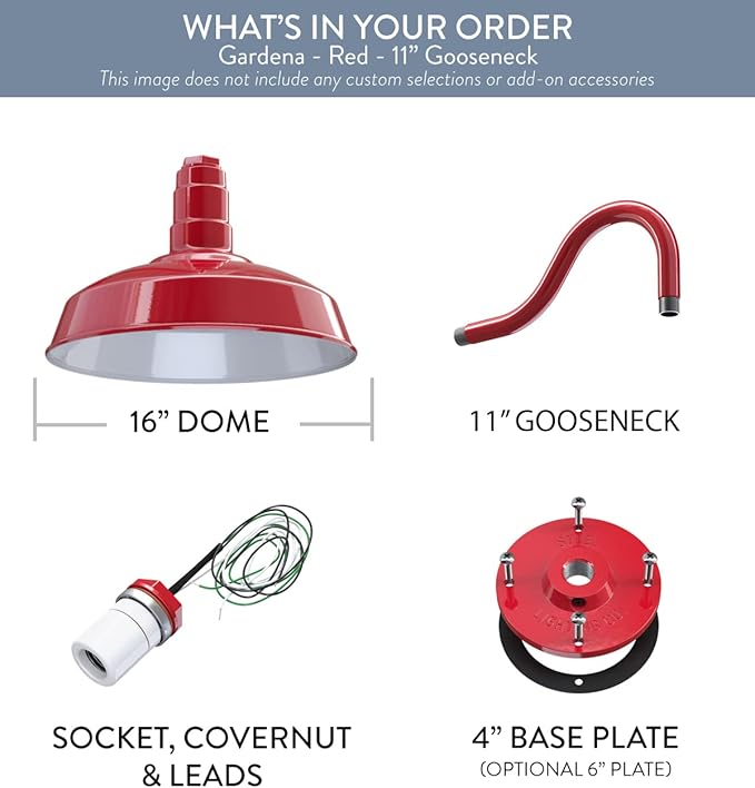 Steel Lighting Co. Gardena Barn Light | Outdoor Wall Mounted | 16" Dome | 11" Gooseneck | Farmhouse Light Made in America | Red Exterior/White Interior