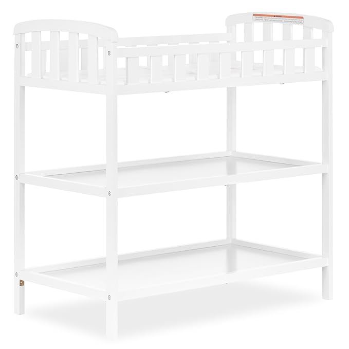 Dream On Me Emily Changing Table, Compact and Portable, Solid New Zealand Pinewood, Safety Rails, Two Storage Shelves, Includes Water-Resistant 1" Changing Pad — White