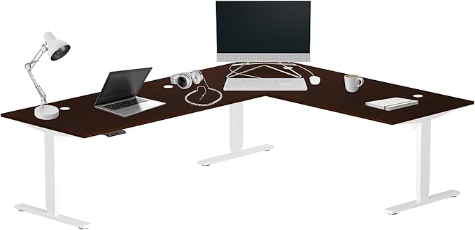 Progressive Desk Stand Up Height Adjustable Standing Desk - L Shaped 85" x 72" Corner Computer Rising Workstation Electric Table - White Frame, Roasted Walnut Top