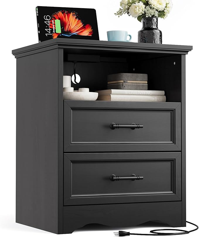 Black Nightstand with Charging Station, Farmhouse End Table with 2 Drawers, Bedside Table with Space-Saving Storage Cabinet, Unique Base Design for Bedroom & Living Room