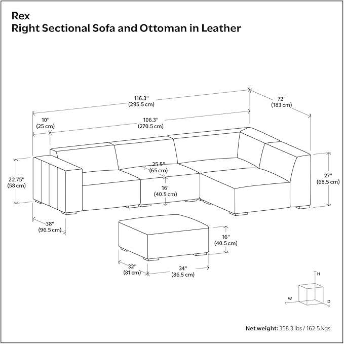 SIMPLIHOME Rex Right Corner Sectional Modular Sofa and Ottoman Set in Full-Grain Genuine Leather, Sienna, 116-inch-wide L-Shaped Leather Sofa and Matching 34-inch-Wide Table Ottoman for Living Room