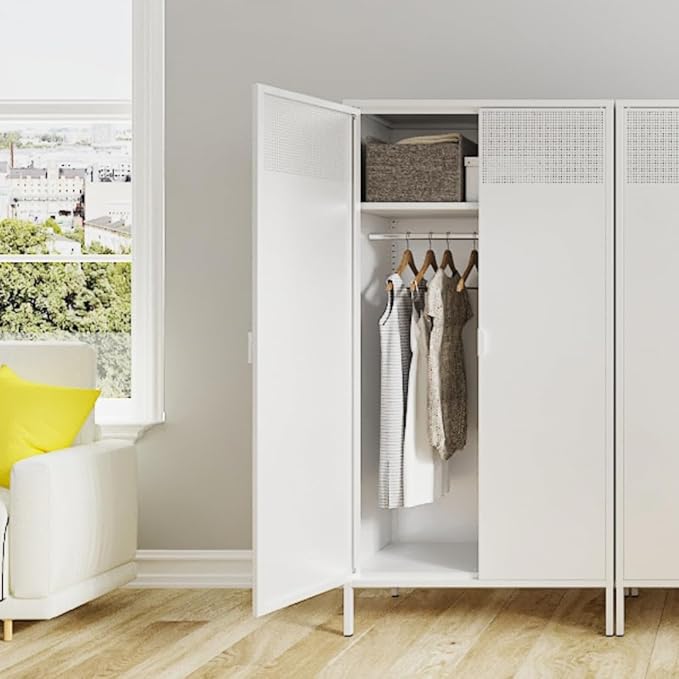 Metal Storage Cabinets Locker with Hanging Rod and Adjustable Shelves, 71'' Clothing Steel Storage Wardrobe for Home & Office, School, Employee,Gym(White, 71''H-Wardrobe)
