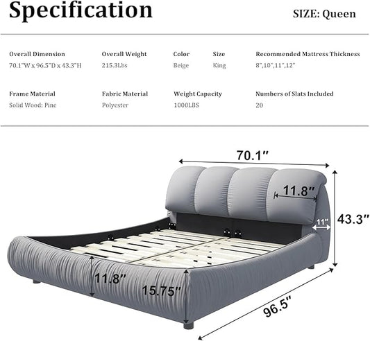 Queen Size Upholstered Platform Bed with Oversized Padded Backrest and Solid Wood Frame for Bedroom, Apartment Room (Grey, Queen (U.S. Standard))