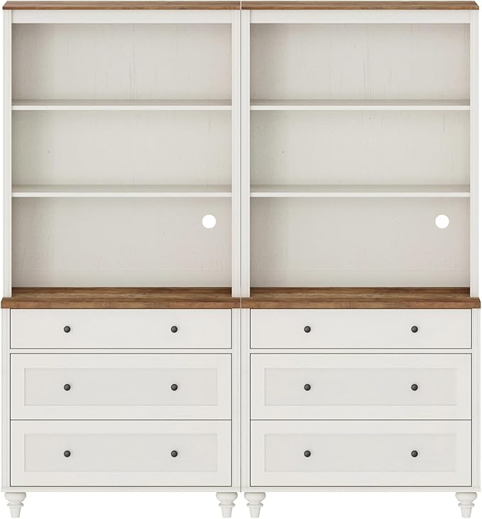 3 Tier Bookshelf with 3 Drawers, 72" Tall Bookcase Large Farmhouse Display Book Case Shelf with 3-Tier Open Book Shelfs,Library Wood Bookshelves for Living Room & Kitchen & Bedroom, Off White, 2 PCS