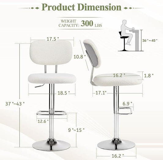 Furniliving Adjustable Bar Stools Set of 4, Modern Teddy Velvet Swivel Barstools with Curved Back, Stylish Armless Counter Height Bar Stools Bar Chairs for Kitchen Island, Bar, Grey