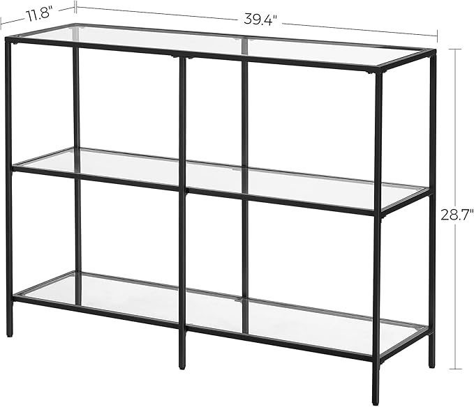 VASAGLE 39.4 Inch Console Table with 3 Shelves, Sofa Tables, Modern Entryway Table, Metal Frame, Tempered Glass Shelf, Entryway Living Room Bedroom, Classic Black and Transparent ULGT027B01