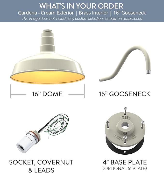 Steel Lighting Co. Gardena Barn Light | Outdoor Wall Mounted | 16" Dome | 16" Gooseneck | Farmhouse Light Made in America | Cream Exterior/Brass Interior