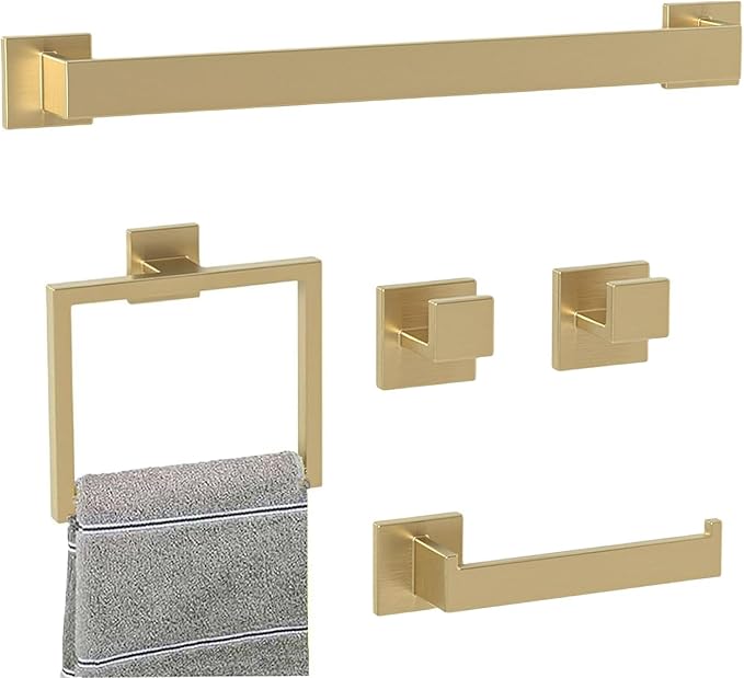 Bathroom Accessory Towel Bar Set: 5 Pieces Gold Bathroom Hardware Square SUS304 Stainless Steel - 24 Inch Wall Mounted Towel Rack&Toilet Paper Holder&Towel Ring and Towel Hook