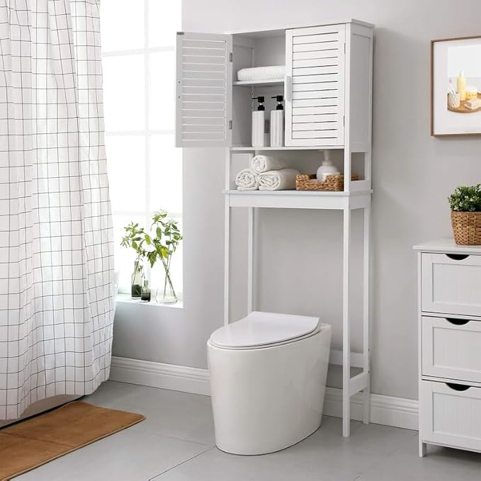 SONGMICS Over The Toilet Storage Cabinet, Bathroom Cabinet with Adjustable Inside Shelf and Bottom Stabilizer Bar, Space-Saving Toilet Rack, Cloud White UBTS010W01