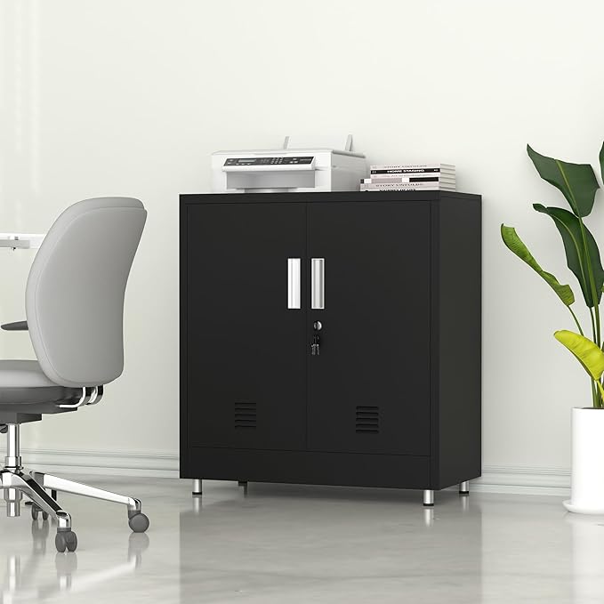 Metal Storage Cabinet with Locking Doors and Adjustable Shelf, Small Lockable Sideboard Buffet Cabinet for Home, Office, Entryway, Hallway, Living Room, Kitchen and Dining Room (Black)