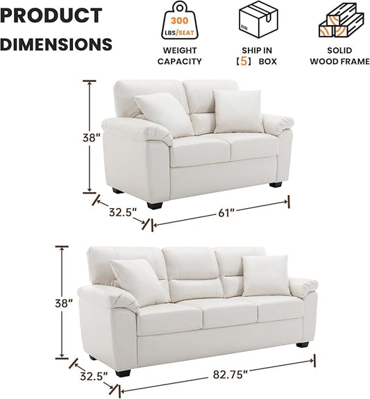 Morden Fort Faux Leather Loveseat and 3 Seater Sofa Set, Modern Luxury Furniture with Removable and Easy to Clean Cushions, Skin-Friendly Wide Arm for Living Room Apartment Office Lounge, White