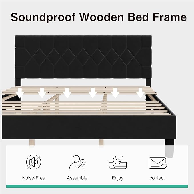 Novilla King Size Bed Frame, King Bed Frame and Headboard, Velvet Upholstered Pull-Point Bed Frames, No Box Spring Needed, Heavy Duty Feet, Easy Assembly, Black Velvet
