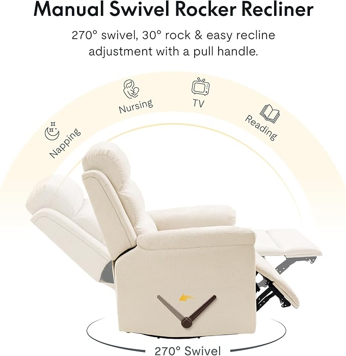 FLEXISPOT XRC6 Nursery Swivel Rocker Recliner with Massage & Heat, Rocking Glider Chair w/ 28" High Back, Comfy Upholstered Armchair for Living Room Nursery, FSC Certified(Premium Chenille, Beige)