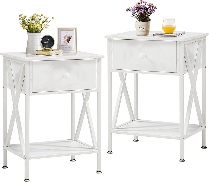VECELO End Tables, Modern Nightstand with Drawer & Shelf, Night Stand for Bedroom Living Room,Industrial Metal Frame