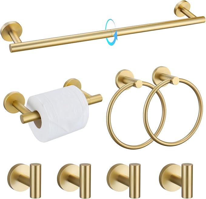 TQKAG 8-Pieces Bathroom Hardware Set Brushed Gold SUS304 Stainless Steel Bath Towel Bar Set 23.6 Inch Round Bathroom Accessories Kit Wall Mounted