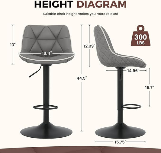 Nalupatio Bar Stools Set of 2, Adjustable Swivel Counter Height Bar Stools with Back, Armless Modern Barstools for Kitchen Island & Home Bar, Upholstered Seat,(Grey)