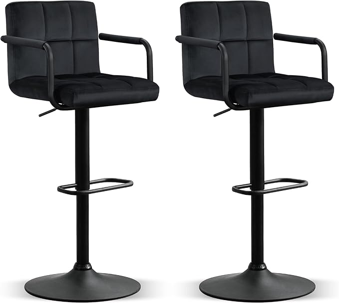 Furniliving Adjustable Barstools with Back, Black bar stools Set of 2, Velvet 360°Swivel Bar Stools, Double Stitching Counter Stools for Kitchen, Bar (Black)