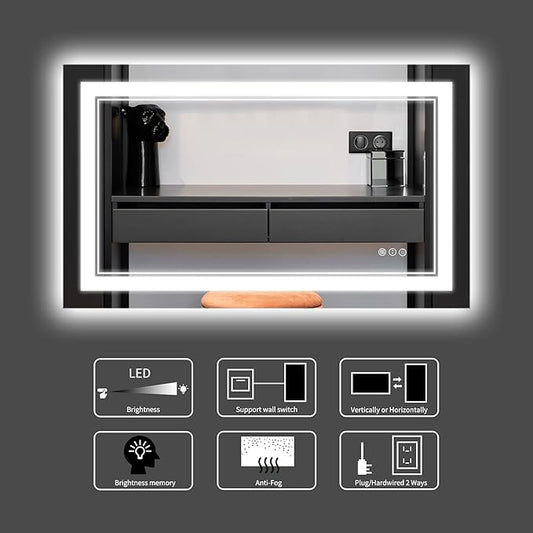 44 x 30 Inch LED Bathroom Mirror, Front Light and Backlit Lighted Vanity Mirror, Anti-Fog, Dimmable Memory, Shatterproof, Wall-Mounted