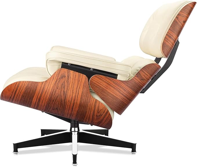 Top Cream White Grain Leather, Mid Century Chaise Lounge Chair and Ottoman, Modern Chair Classic Design, Palisander Wood, Heavy Duty Base Support for Living Room Office