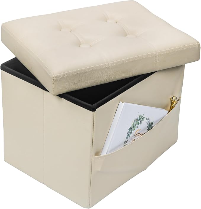 Storage Ottoman Foot Rest Stool, Small Leather Storage Ottomans Bench, Folding Footstool with Side Pockets, Foot Rest Under Desk for Living Room Bedroom, 17x13x13 in, Beige