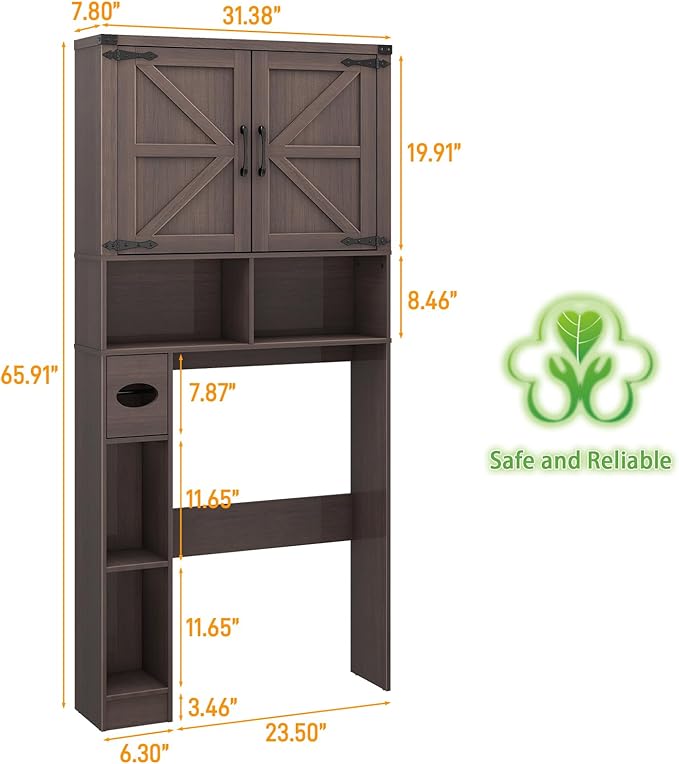 Vabches Over The Toilet Storage Cabinet, Farmhouse Storage Cabinet Over Toilet with Barn Doors & Toilet Paper Holder Stand,Home Space-Saving Toilet Rack, for Laundry, Bathroom, Restroom(Espresso).