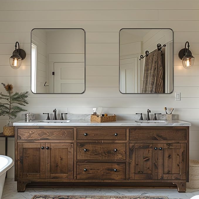 ANDY STAR Bronze Mirror for Wall, 30x36” Rounded Rectangle Bathroom Mirror, Modern Stainless Steel Metal Frame for Vanity