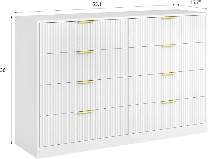 8 Drawer Dresser for Bedroom, Modern Fluted Double Dresser, 55" Wide Chest of Dressers, Wooden Beside Table for Closet, Living Room and Entryway, White