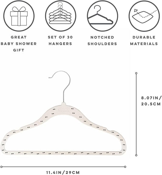 3 Sprouts Velvet Baby Hangers - Non-Slip Hanger for Infant, Toddler, Baby Clothes - Closet Kids Hangers with Slim Design, Nordic Colors, Pack of 30 - Double Dot & Beige