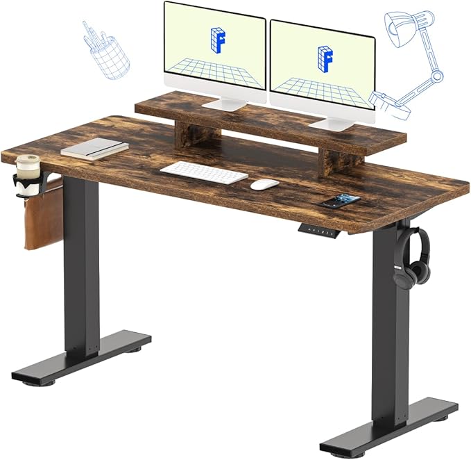 FLEXISPOT Standing Desk with Monitor Stand, 55 x 24 Inches One-Piece Electric Height Adjustable Computer Desk with Cup Holder, Home Office Desks (Black Frame+ Rustic Top)