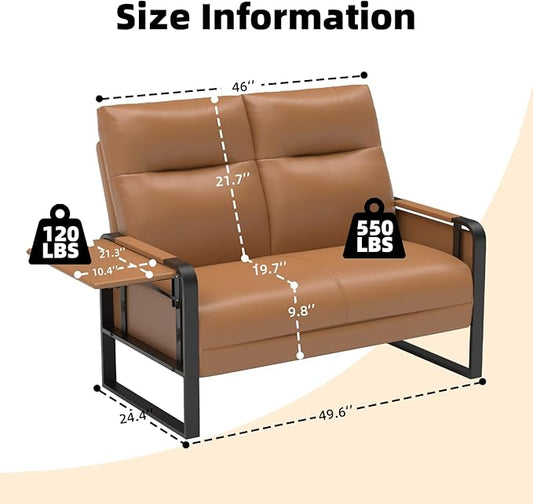 Modern Leather Loveseat, Small Sofa with Side Tray & Pocket, Upholstered Mini Couch for Living Room, Office, Guest Room, Brown