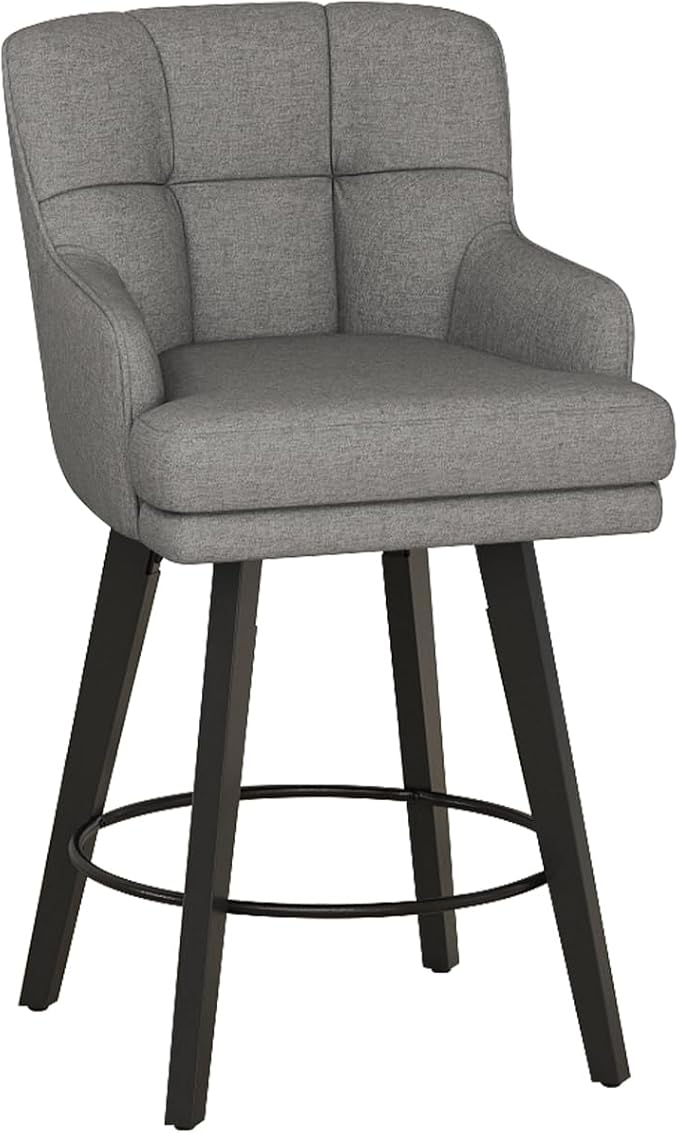 360°Swivel Counter Height Bar Stools with Back, 26 inch Solid Wood Legs, Bar Stool Modern Kitchen Island Chairs, Fabric (Mid-Grey- Fabric, 26" H- Set of 1)