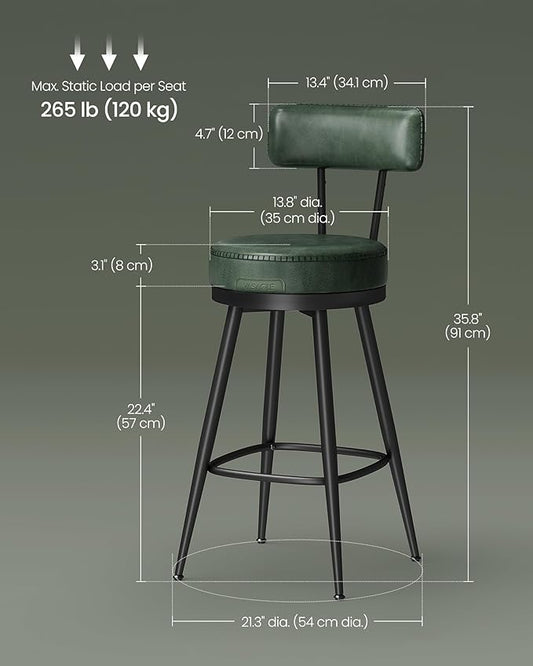 VASAGLE EKHO Collection - Bar Stools Set of 2, Swivel Counter Height Bar Stools with Back, Synthetic Leather with Stitching, Mid-Century Modern, 25.6-Inch Tall Barstools for Kitchen Bar, Forest Green