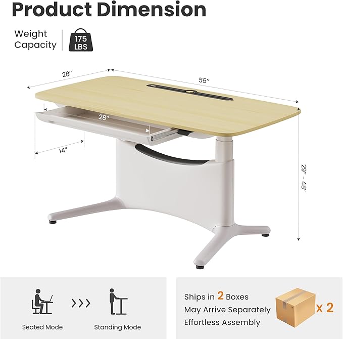 COLAMY Electric Standing Desk, Whole-Piece Gaming Desk with Dual Motors, Ergonomic Footrest, Drawers for Storage, Adjustable Height Sit-Stand Desk for Home Office (MFC Desktop, Light Maple + White)