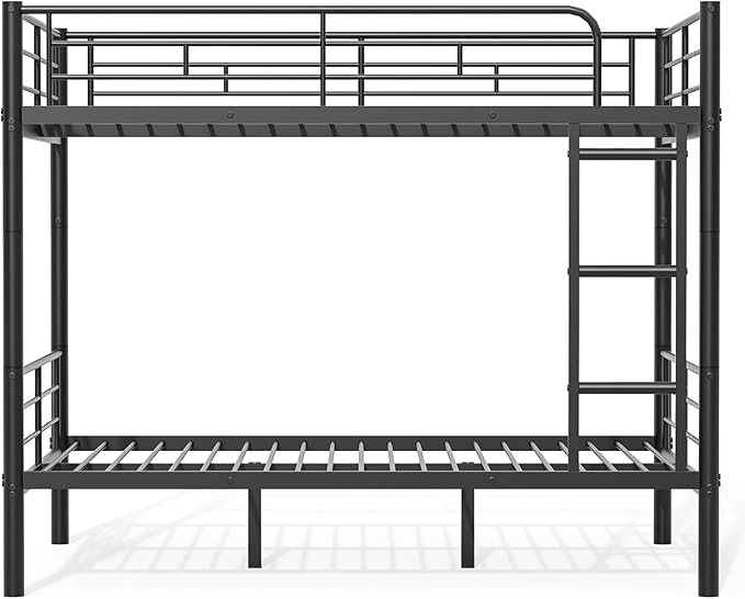 Full Over Full Metal Bunk Bed for Adults & Kids, Convertible to 2 Separate Full Size Beds, Heavy Duty Bunk Bed Frame with Full-length Guardrail & EVA Padded Ladder, No Box Spring Needed, Black
